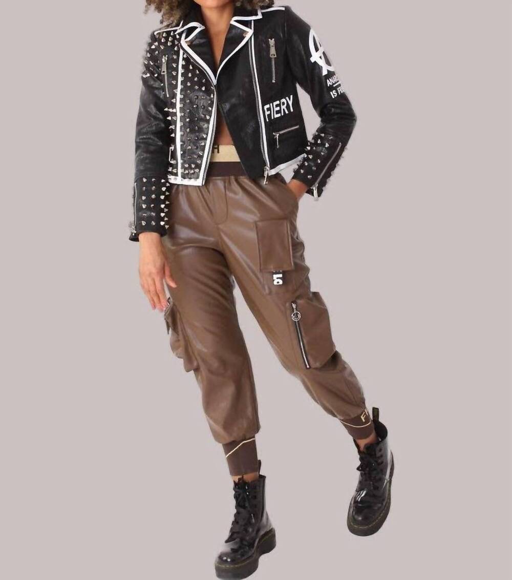 NEW FOR HER NYC studded leather jacket in black